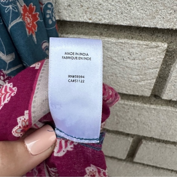 Beach Lunch Lounge Blue Boho Floral Bell Sleeve Peasant Top Block Print Rayon - Picture 8 of 9